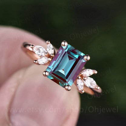 Emerald cut Alexandrite engagement ring 7 stone ring rose gold ring marquise ring unique moissanite ring for women color change stone ring