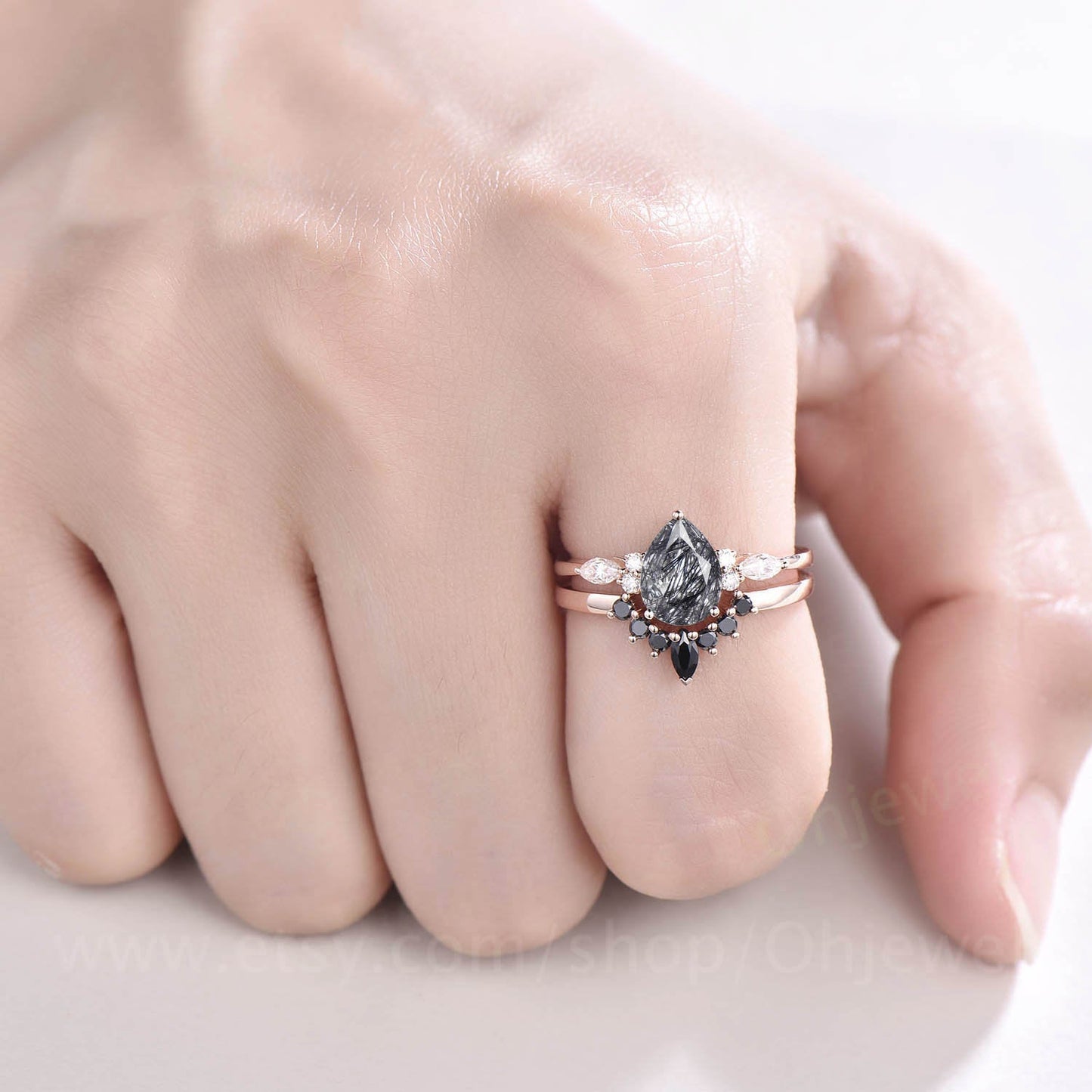 Pear shaped black rutilated quartz engagement ring set black diamond ring set marquise ring set 7 stone ring unique bridal set jewelry gift