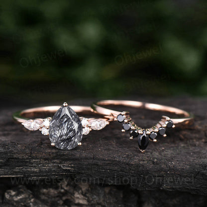 Pear shaped black rutilated quartz engagement ring set black diamond ring set marquise ring set 7 stone ring unique bridal set jewelry gift