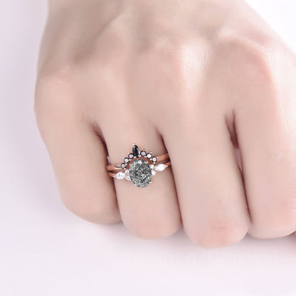 Oval cut black rutilated quartz engagement ring set rose gold ring set black diamond ring set marquise 7 stone ring wedding bridal set gift