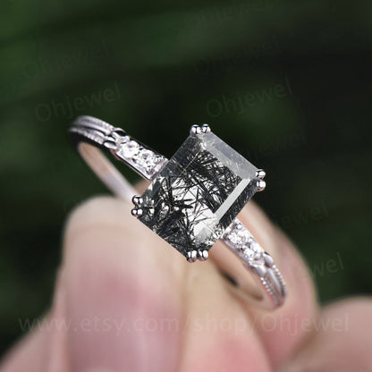Emerald cut black rutilated quartz engagement ring five stone ring black stone ring rose solid gold ring diamond ring 14k custom jewelry