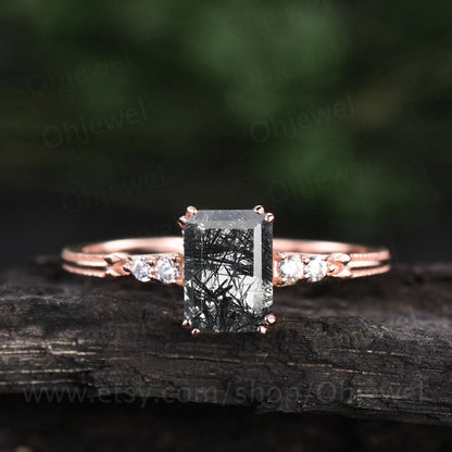Emerald cut black rutilated quartz engagement ring five stone ring black stone ring rose solid gold ring diamond ring 14k custom jewelry