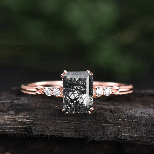 Emerald cut black rutilated quartz engagement ring milgrain five stone diamond ring black stone ring rose gold sterling silver jewelry gifts