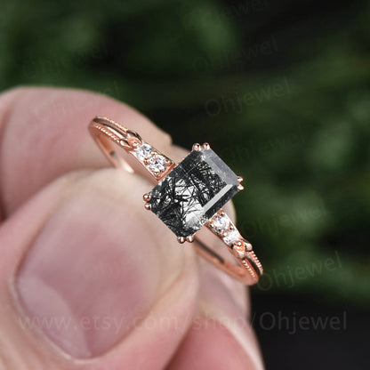 Emerald cut black rutilated quartz engagement ring five stone ring black stone ring rose solid gold ring diamond ring 14k custom jewelry