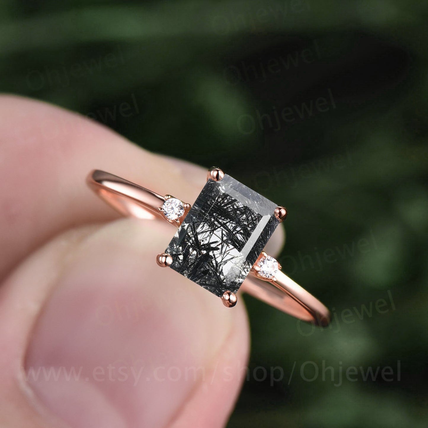 Three stone diamond ring emerald cut black quartz rutilated engagement ring for women custom jewelry black stone ring rose gold bridal ring