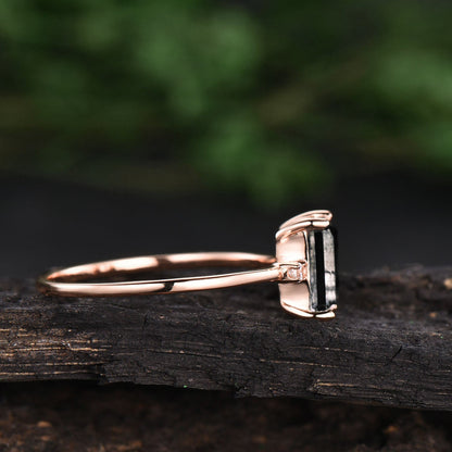 Three stone diamond ring emerald cut black quartz rutilated engagement ring for women custom jewelry black stone ring rose gold bridal ring