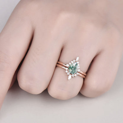 Pear shaped moss agate ring set vintage moss agate engagement ring set marquise moissanite ring set halo ring rose gold ring set for women