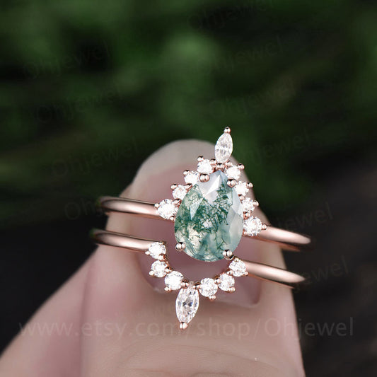 Pear shaped moss agate ring set vintage moss agate engagement ring set marquise moissanite ring set halo ring rose gold ring set for women