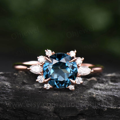Round cut London blue topaz engagement ring topaz ring vintage cluster halo moissanite ring rose gold ring women jewelry unique bridal ring