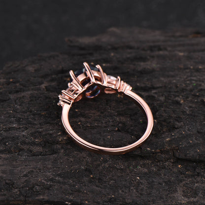 Round moss agate ring vintage moss agate engagement ring five stone ring rose gold ring for women pear moissanite ring unique bridal ring