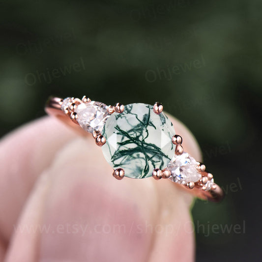 Round moss agate ring vintage moss agate engagement ring five stone ring rose gold ring for women pear moissanite ring unique bridal ring