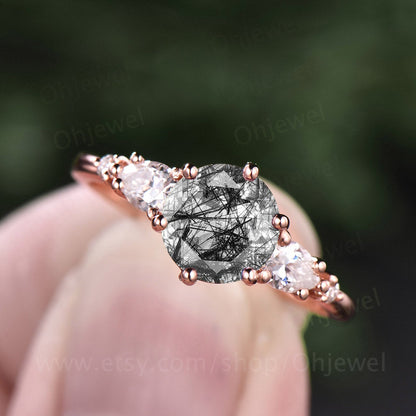 Vintage black rutilated quartz engagement ring five stone rose gold ring unique moissanite ring black stone ring wedding anniversary ring