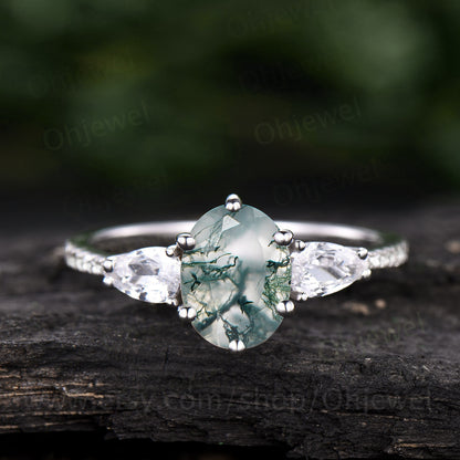 Oval shaped moss agate ring vintage moss agate engagement ring white gold diamond eternity ring pear shaped moissanite ring women six prong