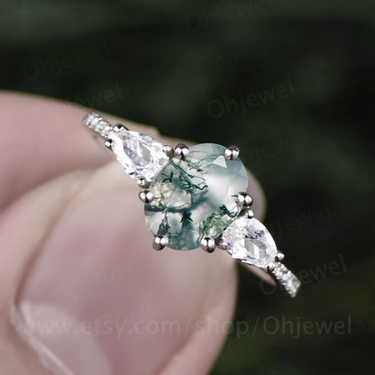 Oval shaped moss agate ring vintage moss agate engagement ring white gold diamond eternity ring pear shaped moissanite ring women six prong