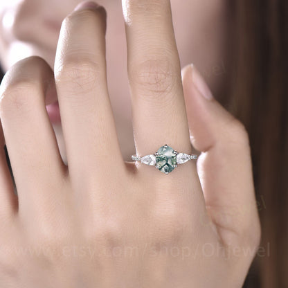 Oval shaped moss agate ring vintage moss agate engagement ring white gold diamond eternity ring pear shaped moissanite ring women six prong