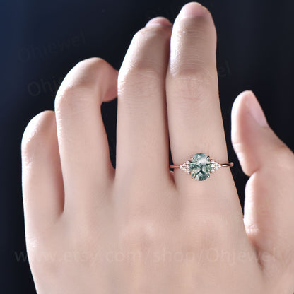 Oval moss agate ring unique vintage moss agate engagement ring dainty diamond ring rose gold ring for women promise wedding anniversary ring