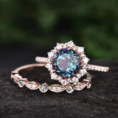 2pcs 8mm round cut Alexandrite bridal set vintage Alexandrite engagement ring set halo ring diamond wedding band marquise ring for women