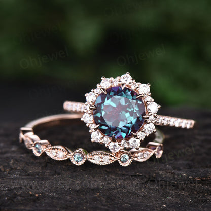 2ct Alexandrite ring set vintage Alexandrite engagement ring set unique halo rose gold engagement ring moissanite wedding ring set women