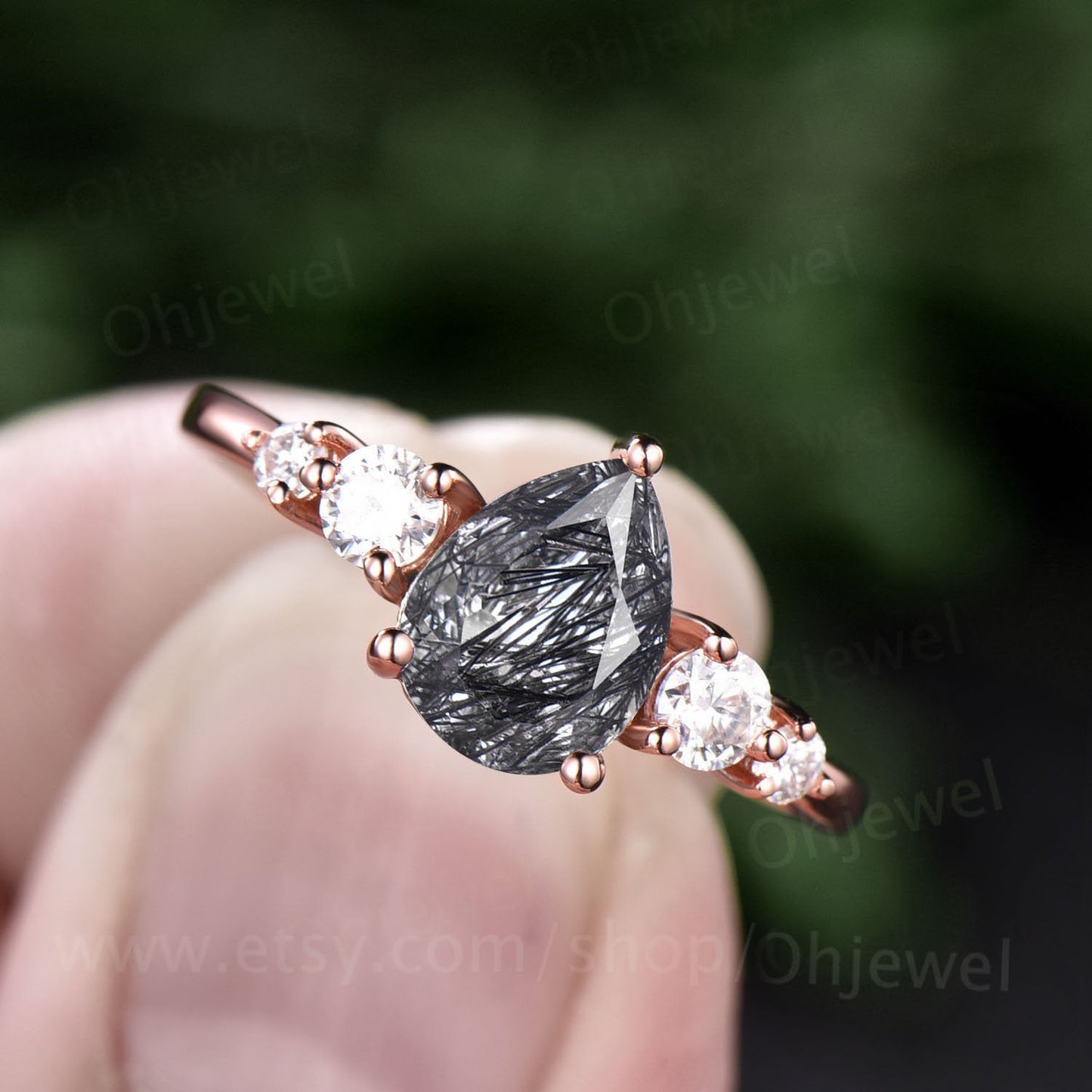 Pear vintage black rutilated quartz engagement ring for women rose gold moissanite five stone ring black stone ring wedding bridal ring gift