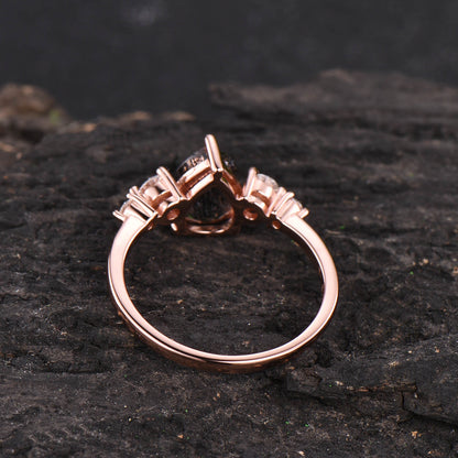 Pear vintage black rutilated quartz engagement ring for women rose gold moissanite five stone ring black stone ring wedding bridal ring gift