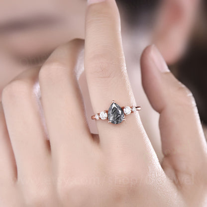 Pear vintage black rutilated quartz engagement ring for women rose gold moissanite five stone ring black stone ring wedding bridal ring gift