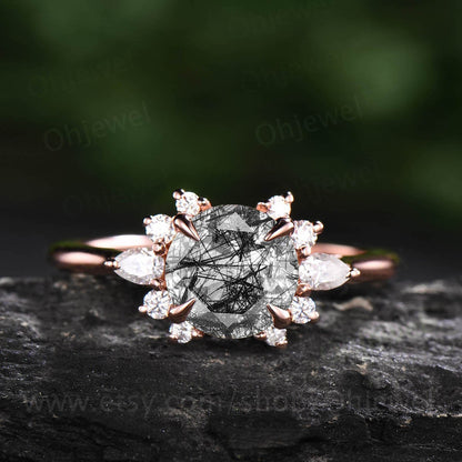 Round black rutilated quartz engagement ring vintage rose gold ring pear moissanite ring unique cluster ring bridal wedding gift for women