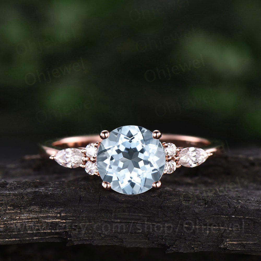 Vintage aquamarine engagement ring 7 stone ring rose gold ring March birthstone ring moissanite ring gold women jewelry anniversary gift