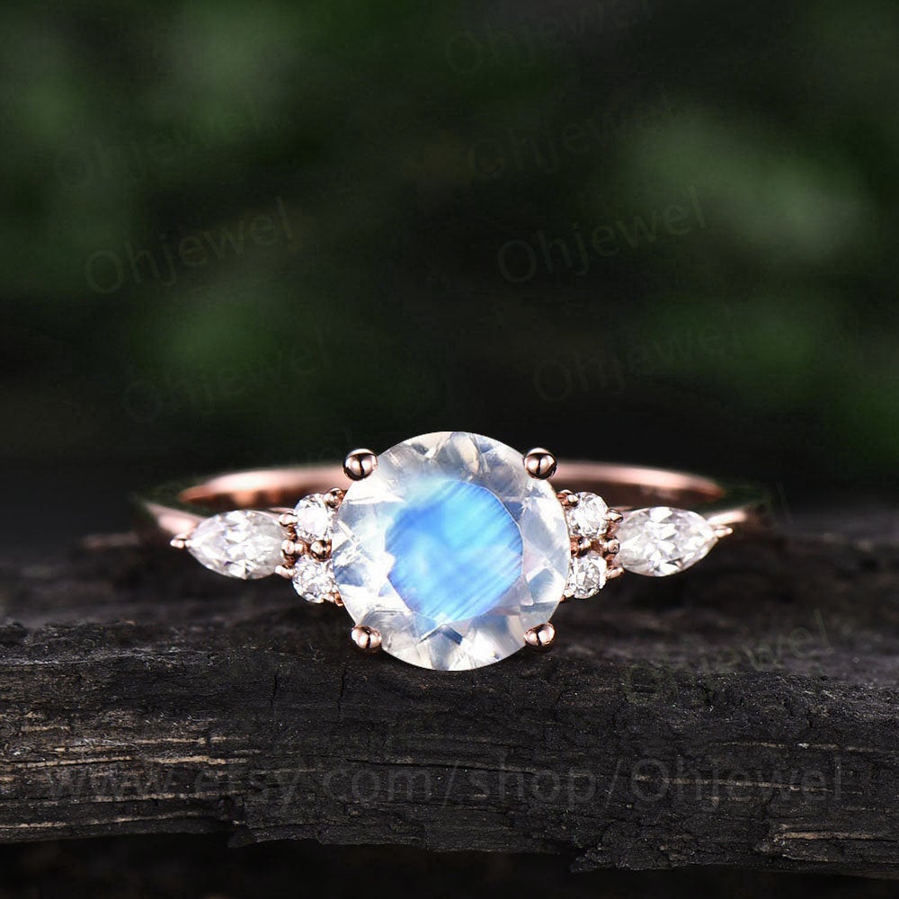 Round shaped moonstone ring vintage moonstone engagement ring marquise ring unique moissanite ring for women June birthstone ring jewelry