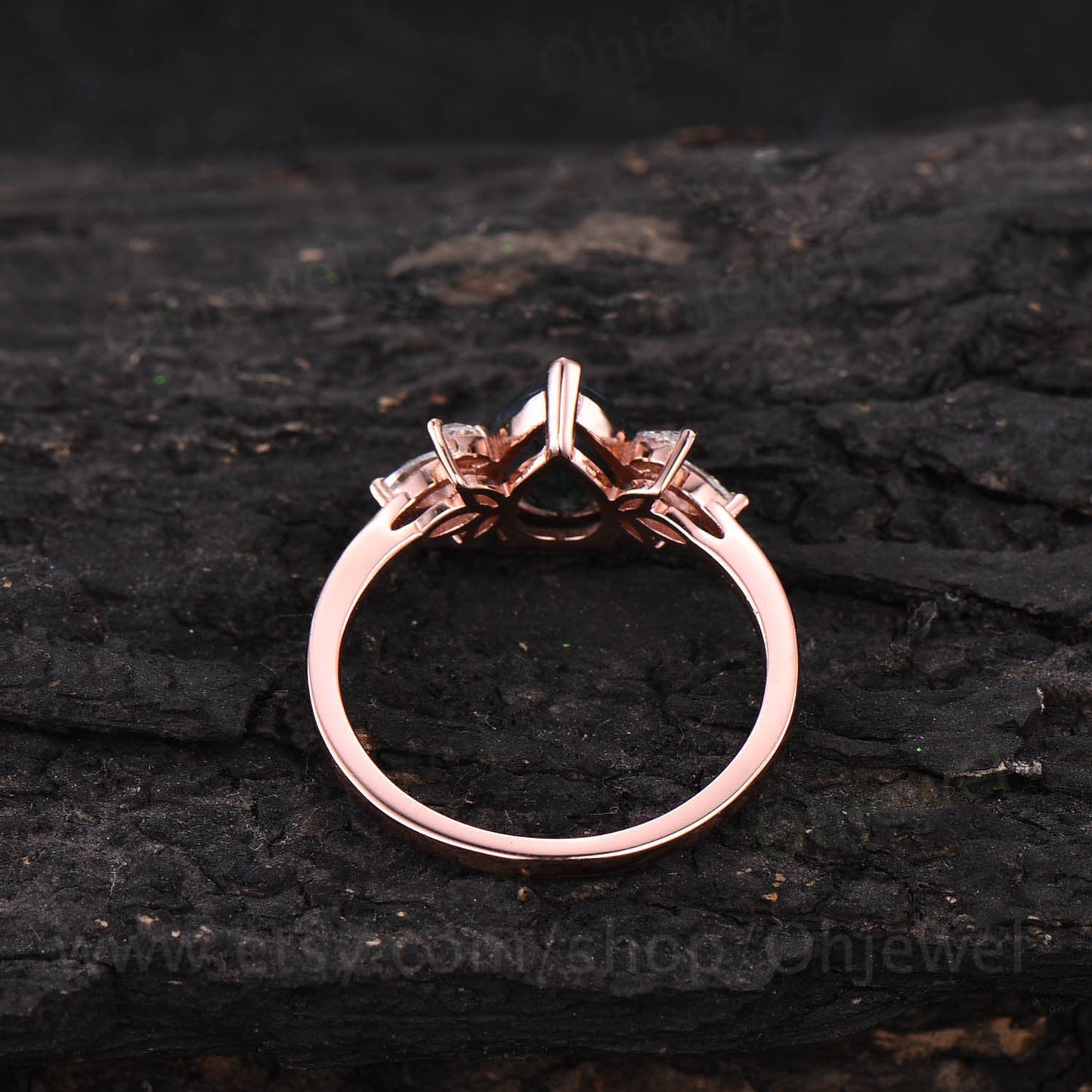 Pear shaped black rutilated quartz engagement ring vintage 7 stone rose gold ring art deco moissanite ring unique bridal ring for women gift