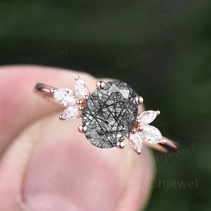 Oval cut black rutilated quartz engagement ring 7 stone rose gold ring marquise moissanite ring vintage unique engagement ring for women