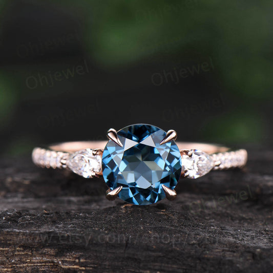 Vintage London blue topaz engagement ring rose gold ring pear moissanite ring real diamond ring November birthstone ring women jewelry gift