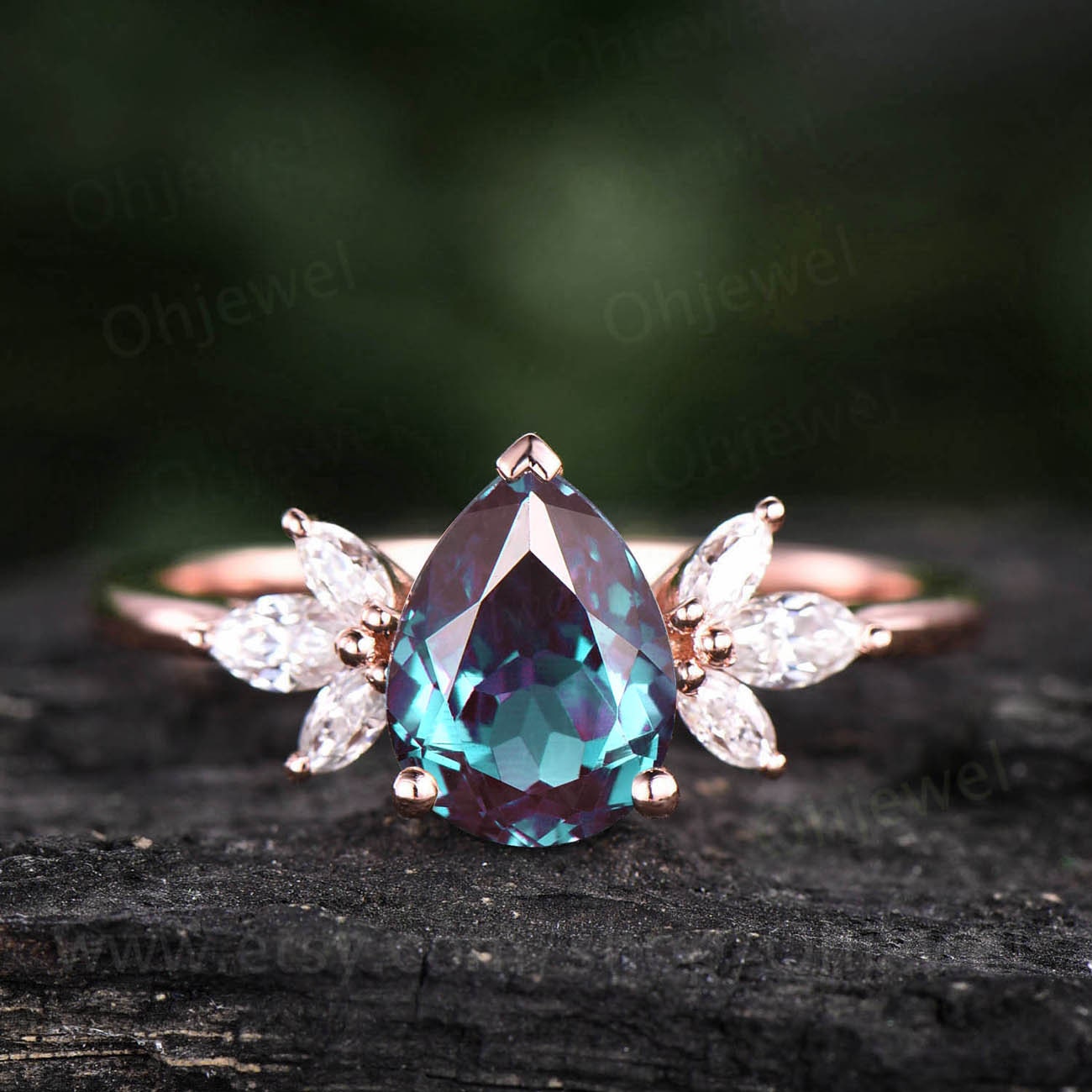 Vintage Alexandrite engagement ring pear shaped color change Alexandrite ring for women rose gold marquise opal ring silver jewelry gift