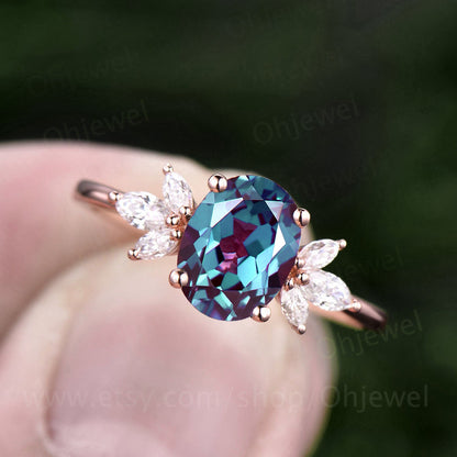 Oval cut Alexandrite ring rose gold vintage Alexandrite engagement ring for women June birthstone jewelry art deco moissanite bridal ring