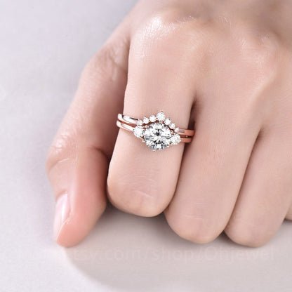Three stone moissanite engagement ring set rose gold 14K/18K moissanite ring set rose gold moissanite wedding ring band unique promise ring