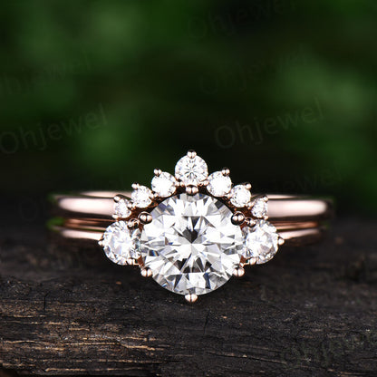 Three stone moissanite engagement ring set rose gold 14K/18K moissanite ring set rose gold moissanite wedding ring band unique promise ring