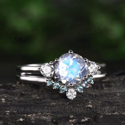 2pc Three stone ring moissanite crown ring alexandrite wedding band natural moonstone engagement ring set rose gold June birthstone ring set