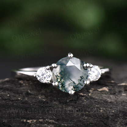 Three stone ring round moss agate ring vintage moss agate engagement ring moissanite ring rose gold for women jewelry dainty bridal ring