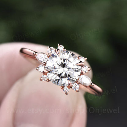 Cluster moissanite ring for women round cut moissanite engagement ring vintage rose gold silver ring anniversary bridal promise ring band