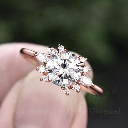 Cluster round moissanite engagement ring flower halo vintage moissanite ring unique engagement ring pear moissanite ring gold silver ring