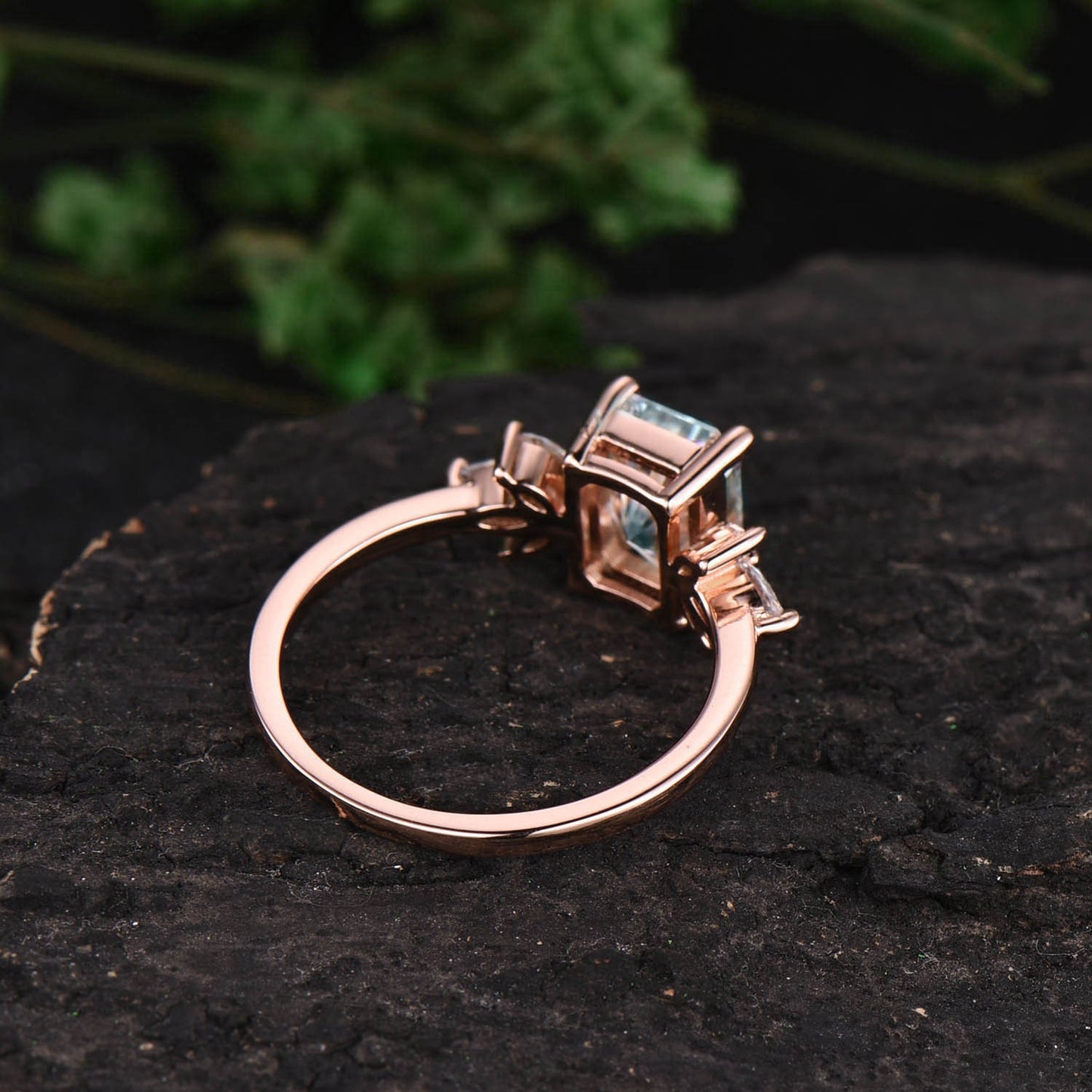 Emerald cut green moss agate ring gold siver vintage unique moss agate engagement ring rose gold art deco moissanite wedding ring for women