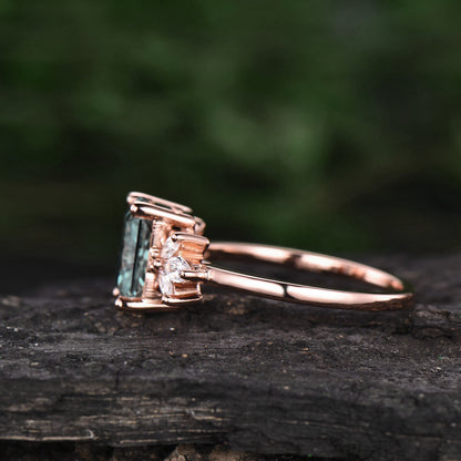Emerald cut moss agate engagement ring vintage cluster moss agate ring rose gold 7 stone ring marquise moissanite ring unique bridal ring