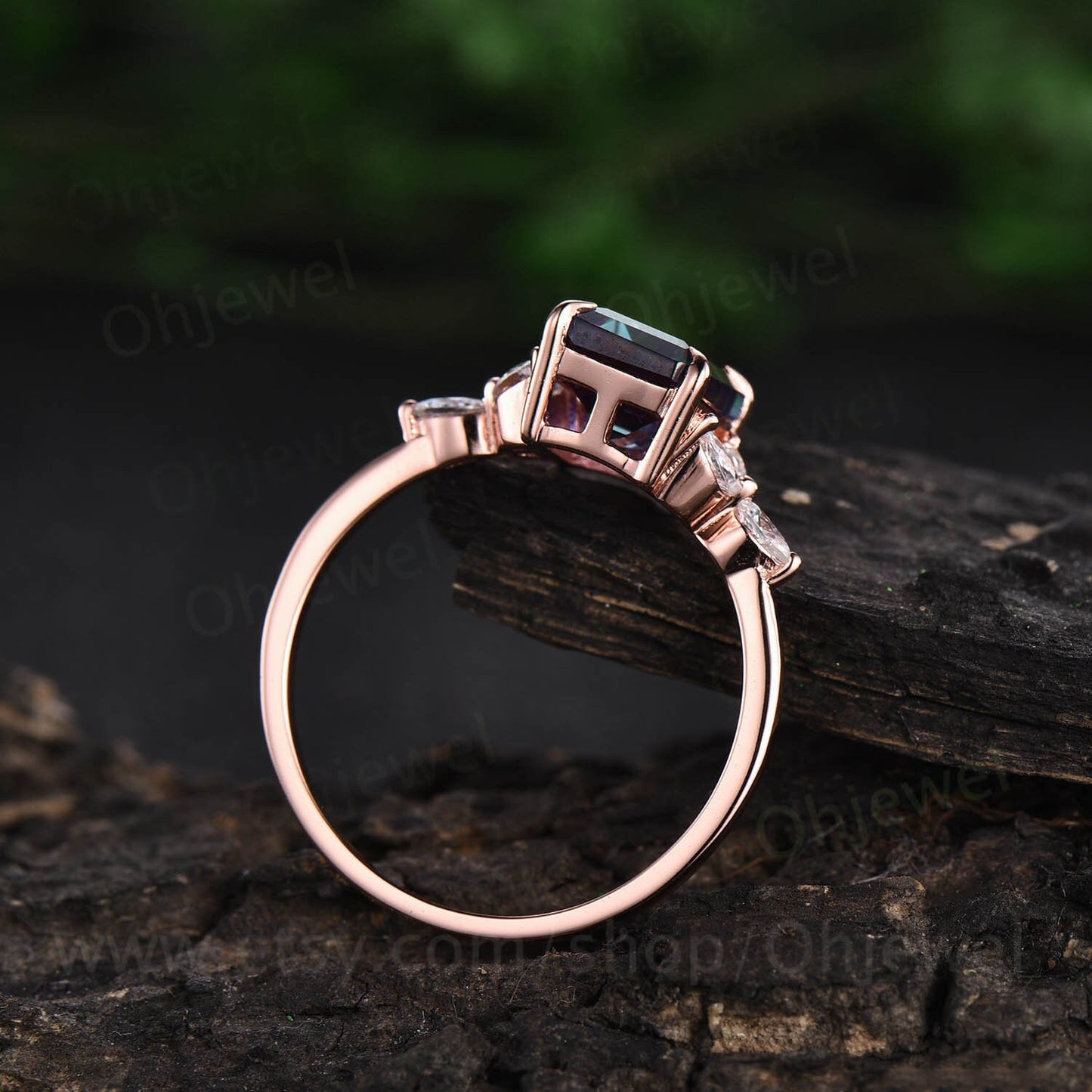 Moss agate ring vintage emerald cut moss agate engagement ring art deco flower 7 stone marquise moissanite ring rose gold silver for women