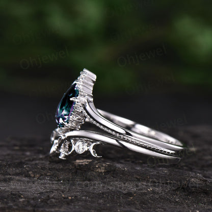 Unique wedding ring set Pear shaped alexandrite engagement ring set white gold vintage moissanite ring for women norse viking ring Jewelry