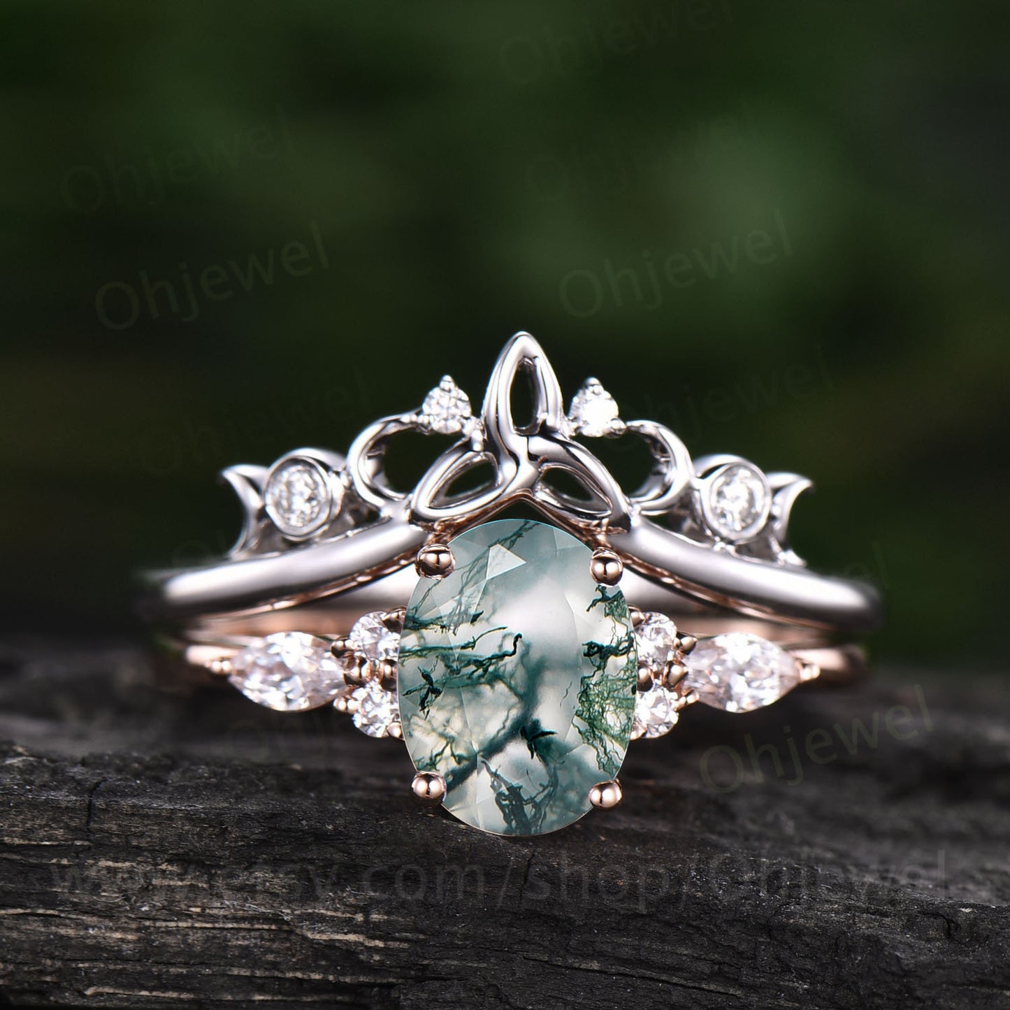 Unique bridal ring set oval cut moss agate engagement ring set vintage moissanite ring set white gold women cluster marquise ring jewelry