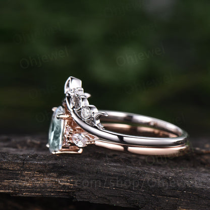 Unique bridal ring set oval cut moss agate engagement ring set vintage moissanite ring set white gold women cluster marquise ring jewelry