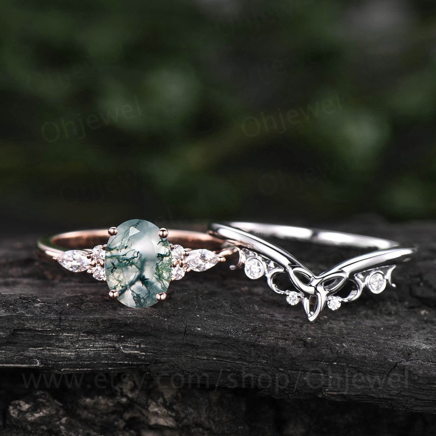Unique bridal ring set oval cut moss agate engagement ring set vintage moissanite ring set white gold women cluster marquise ring jewelry