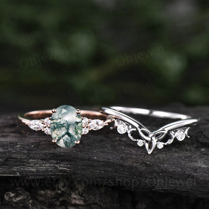 Oval moss agate engagement ring set 14k rose gold marquise cut moissanite ring for women moss agate ring silver norse viking ring Jewelry