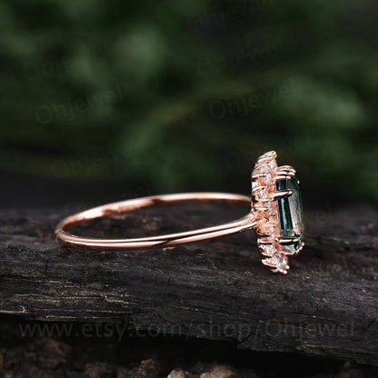 Unique engagement ring vintage moss agate engagement ring cluster halo moissanite ring rose gold organic gemstone ring for women jewelry