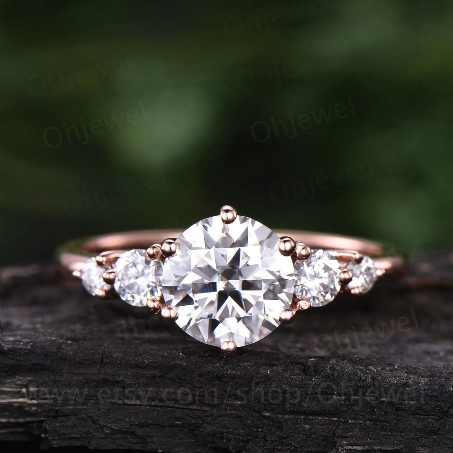 Round shaped moissanite engagement ring five stone ring vintage rose gold ring dainty jewelry promise ring for her unique bridal ring gift