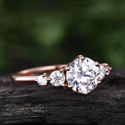Round shaped moissanite engagement ring five stone ring vintage rose gold ring dainty jewelry promise ring for her unique bridal ring gift